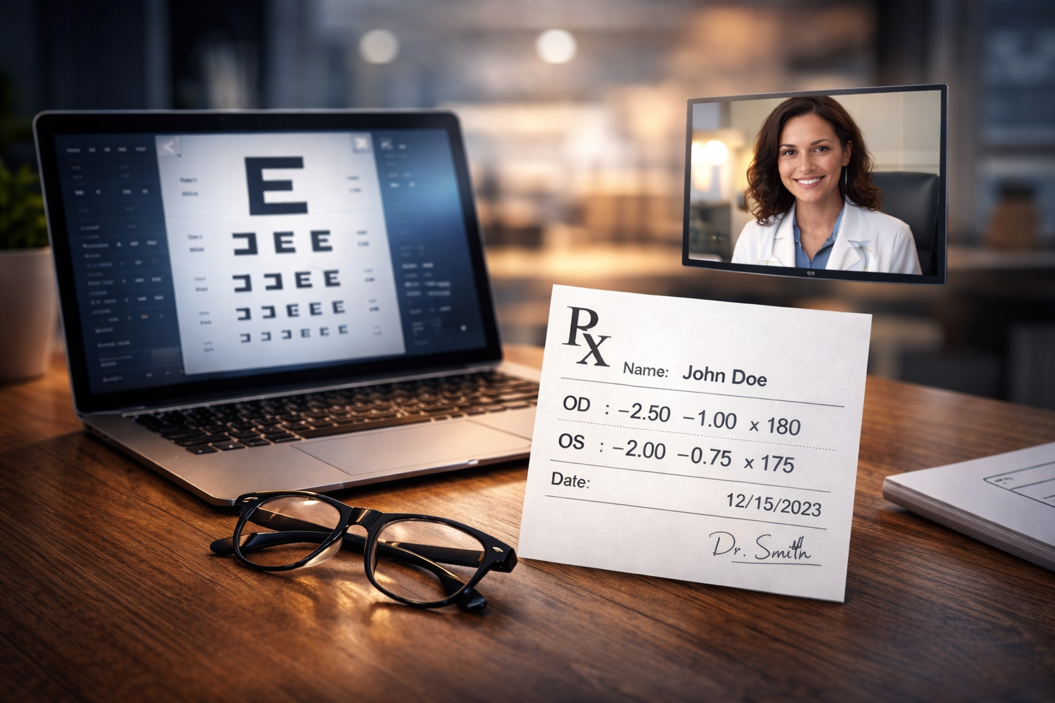 Laptop on a desk showing a tumbling E vision test, with a prescription card, glasses, and a doctor on video call in the background.